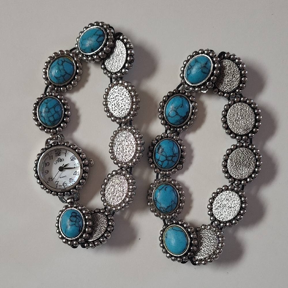 Turquoise and Silver Beaded Watch Bracelet
